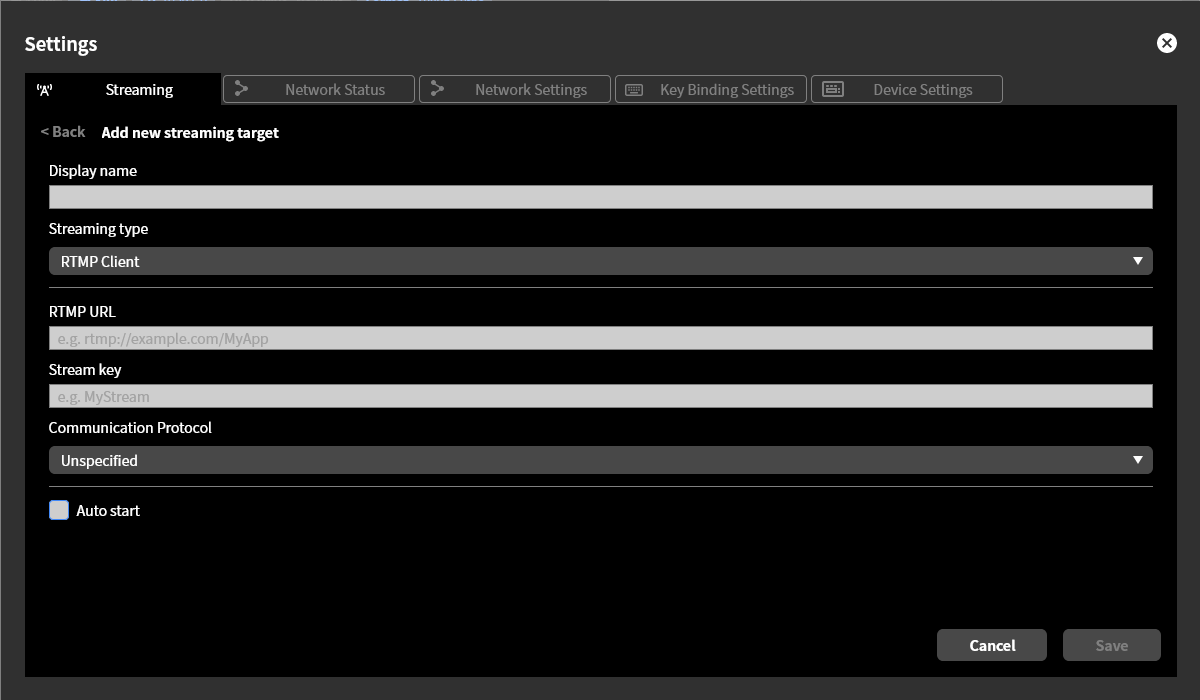 RTMP client settings